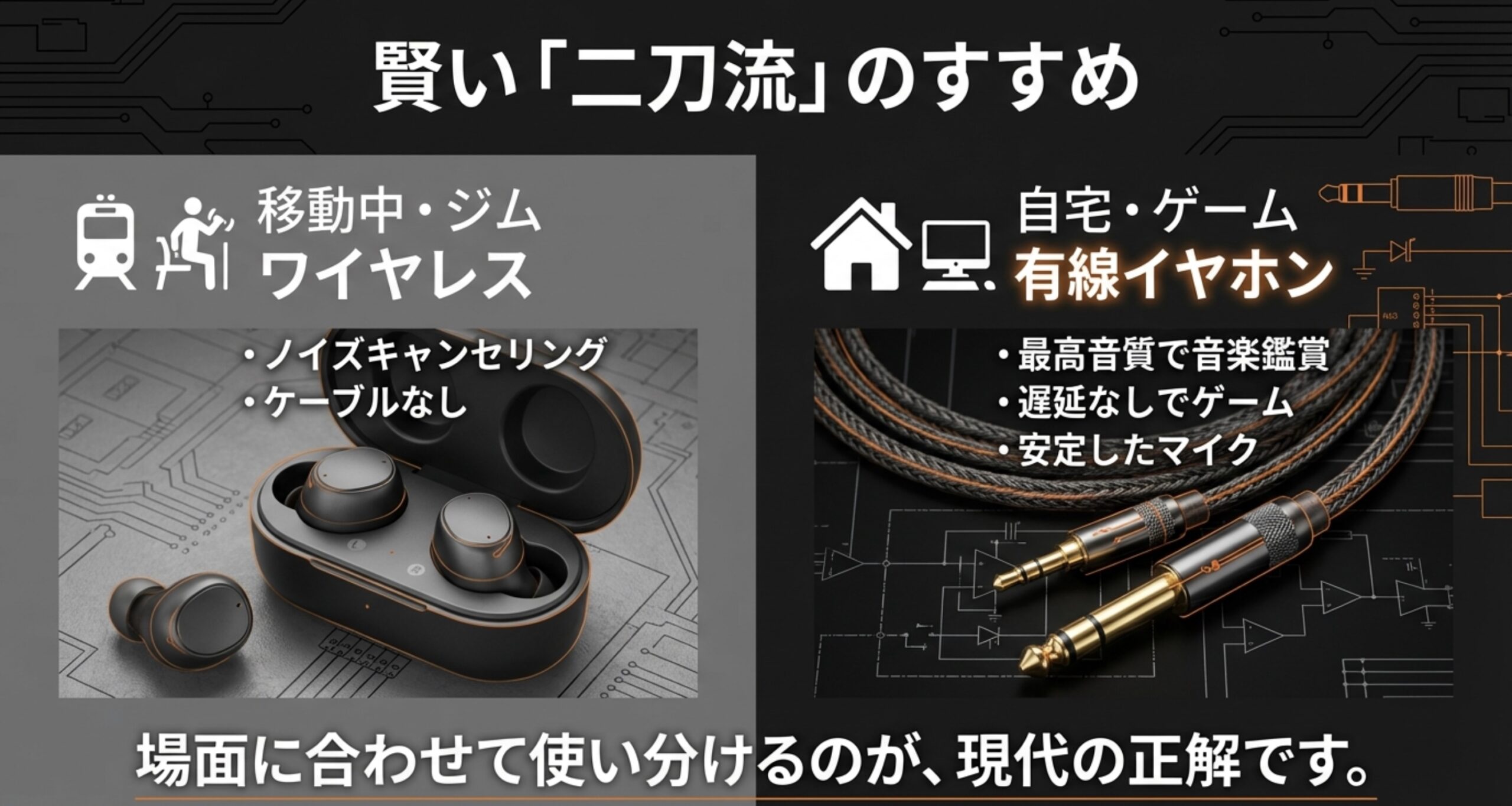 移動中やジムではワイヤレス、自宅やゲームでは有線イヤホンを使い分けるライフスタイルの提案図