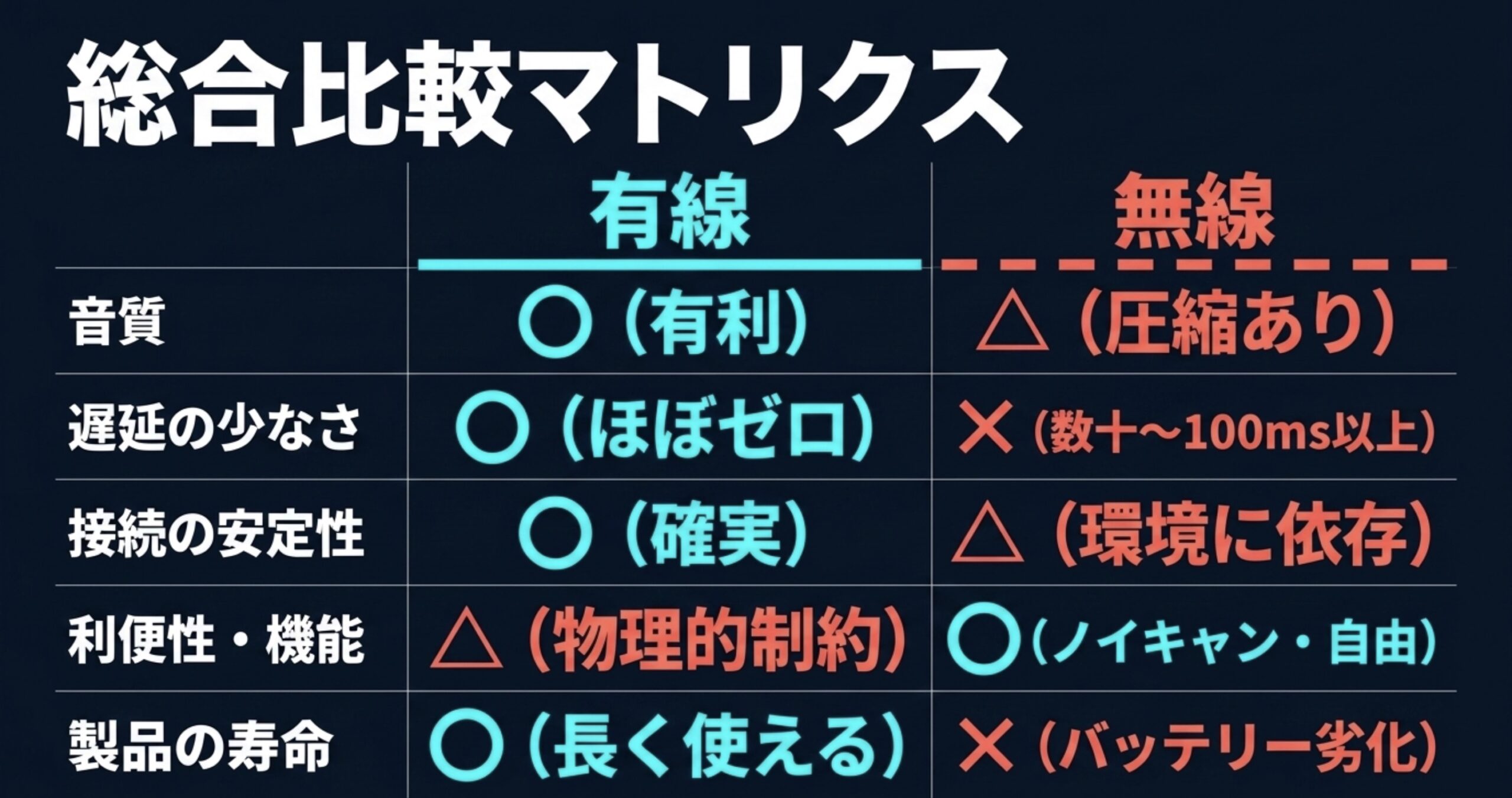 音質、遅延、接続安定性、利便性、製品寿命を有線と無線で比較した表