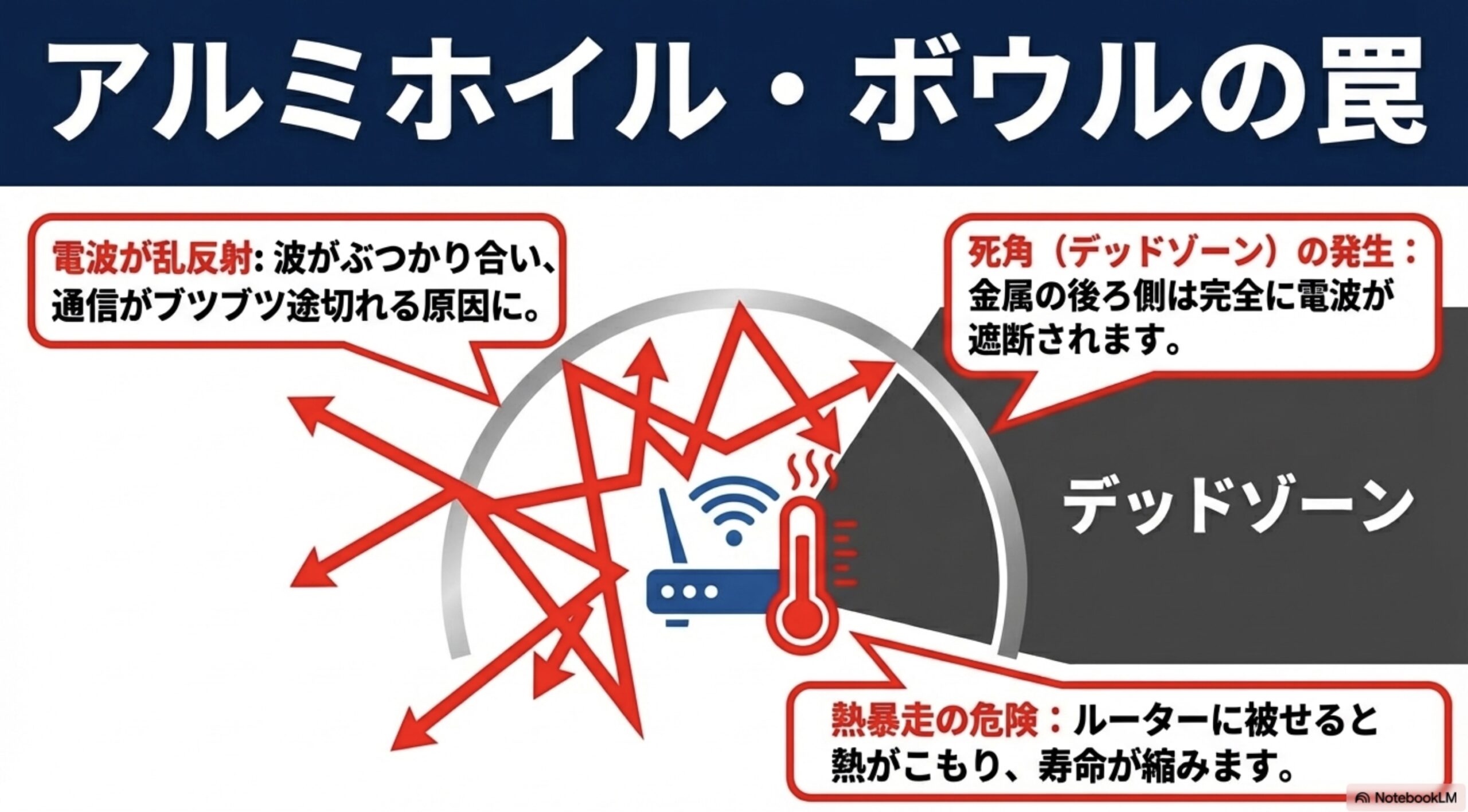 ルーターに金属を被せることで発生する電波の乱反射やデッドゾーン、熱暴走の危険性