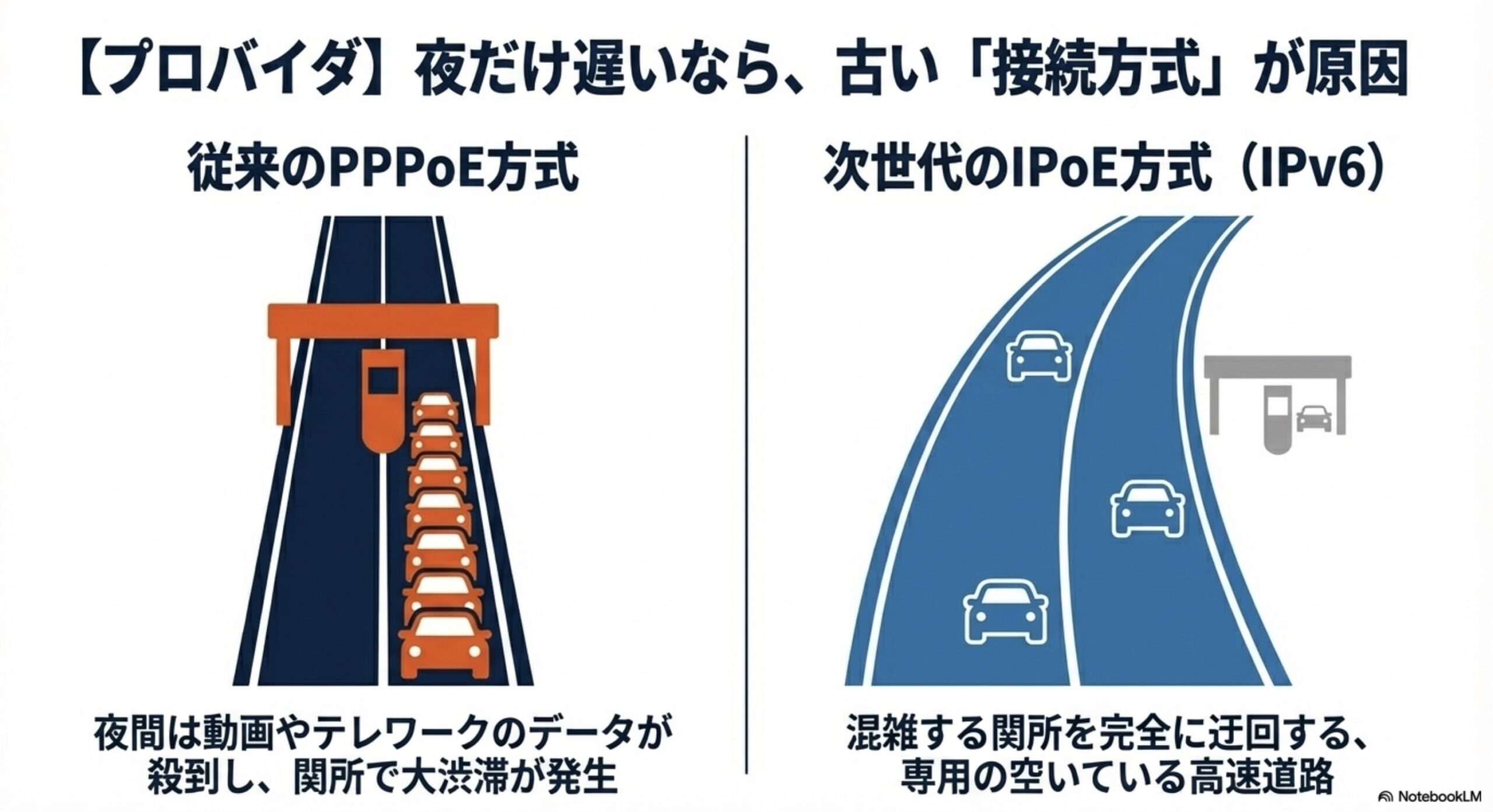 夜間のデータ渋滞を引き起こすPPPoE方式と空いている専用道路を走るIPoE方式の違い