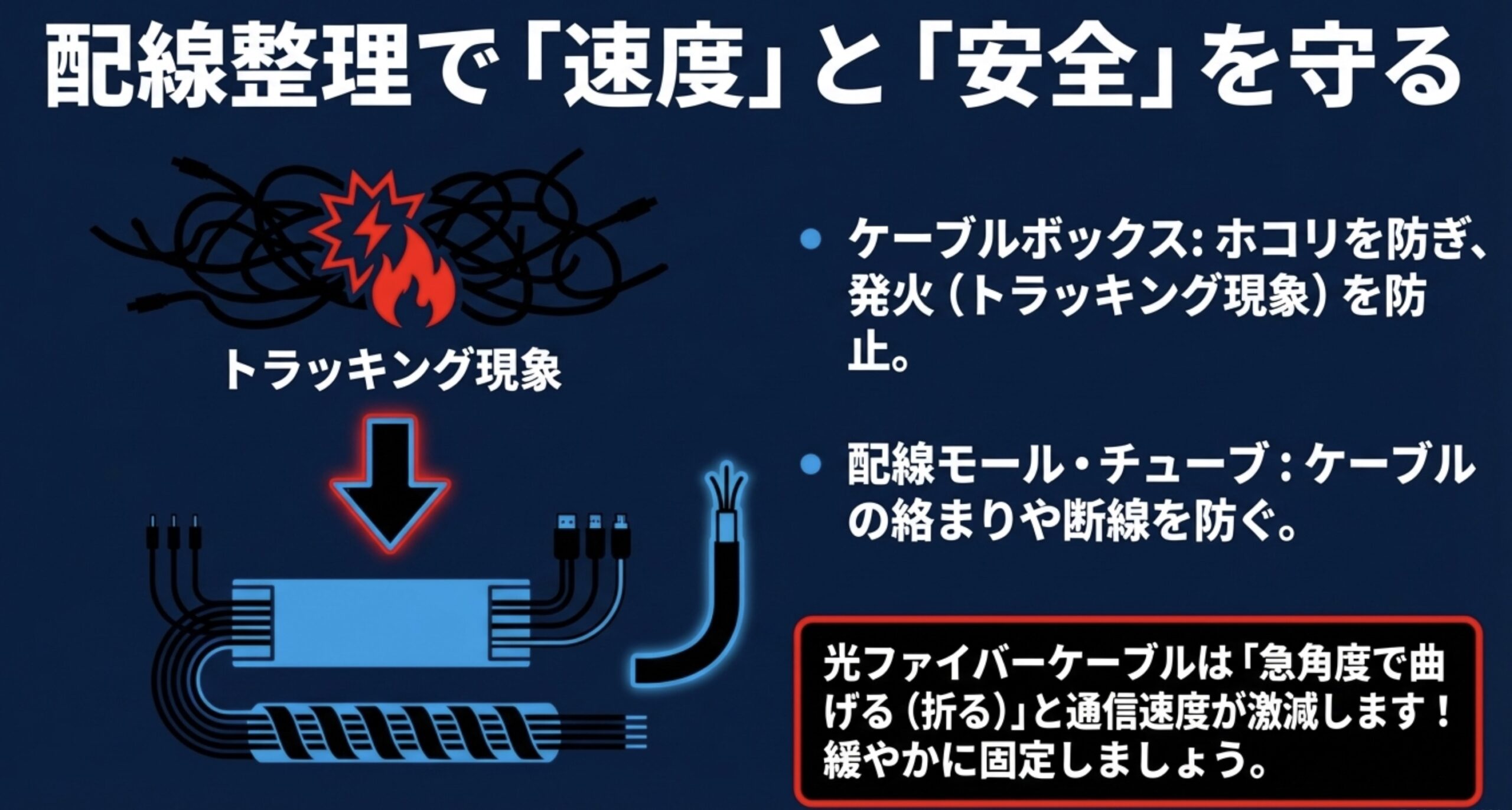 トラッキング現象を防ぐケーブルボックスや、絡まりを防ぐ配線モールを活用した整理術