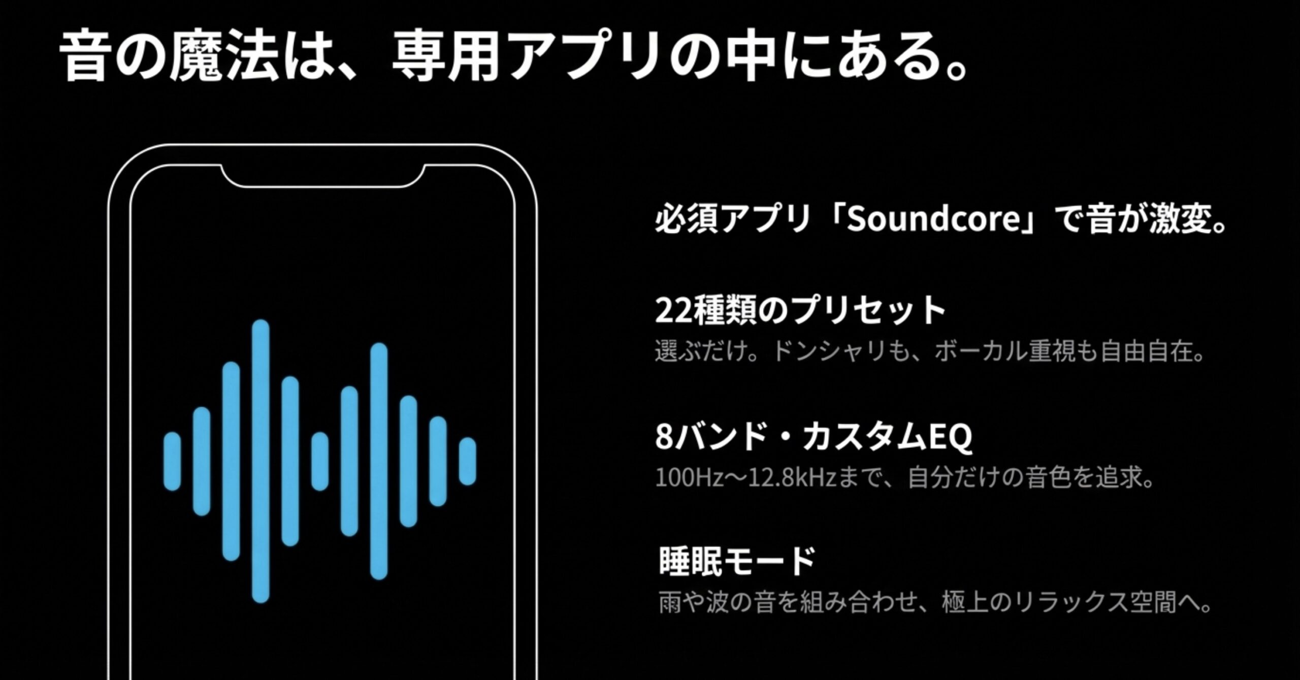 Soundcore専用アプリによる22種類のプリセットと8バンドカスタムEQ、睡眠モードの紹介