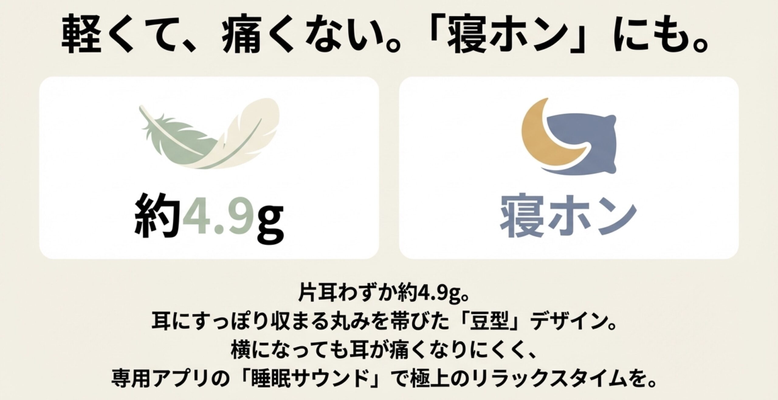 片耳約4.9gの軽さと丸みを帯びた豆型デザインにより、横になっても耳が痛くなりにくい寝ホンとしての特徴