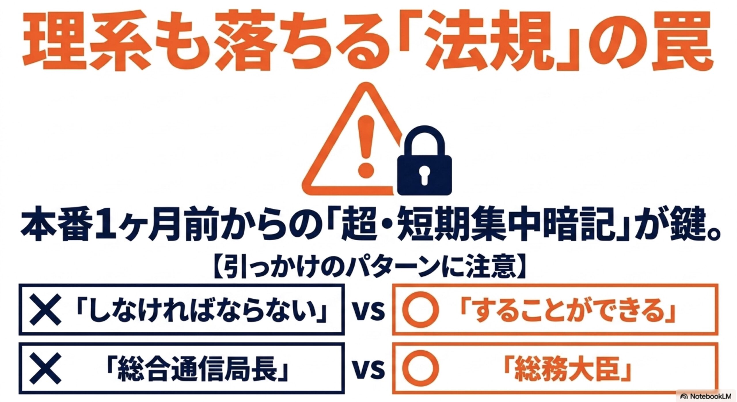 本番1ヶ月前からの超・短期集中暗記が鍵となる法規の罠を避けるため、「しなければならない」対「することができる」、「総合通信局長」対「総務大臣」といった引っかけ問題のパターンを警告する図 。