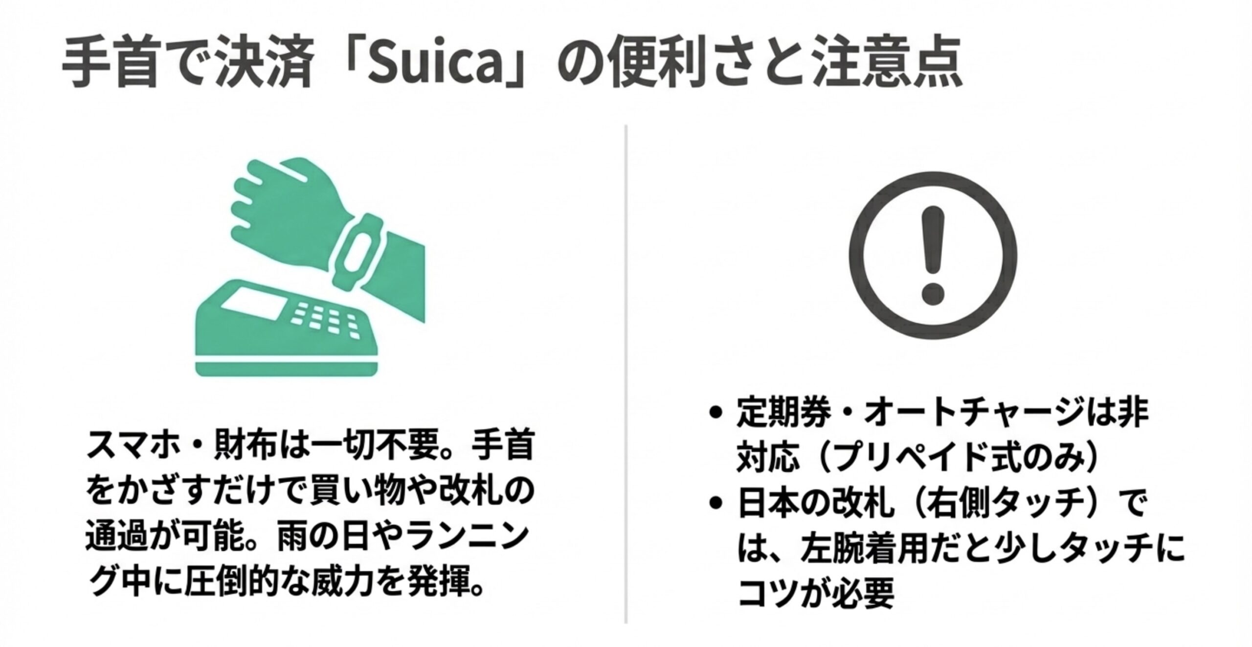 スマートウォッチを手首にかざして決済するイラストと、Suica利用時の注意点