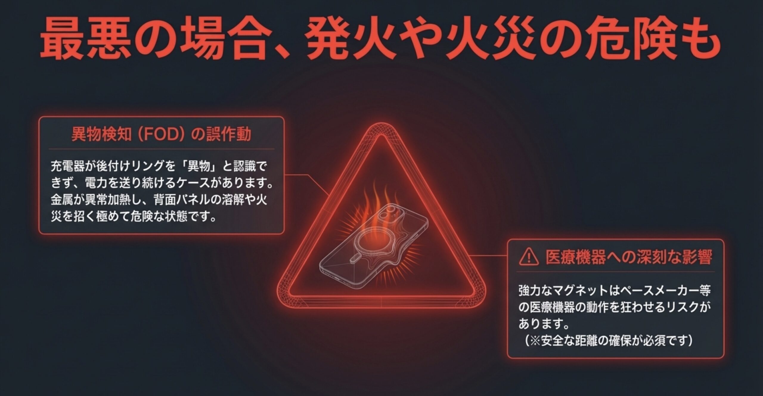 ワイヤレス充電器がリングを異物と認識できずに異常加熱し最悪の場合は火災を招くリスクと、ペースメーカー等医療機器への深刻な影響の警告