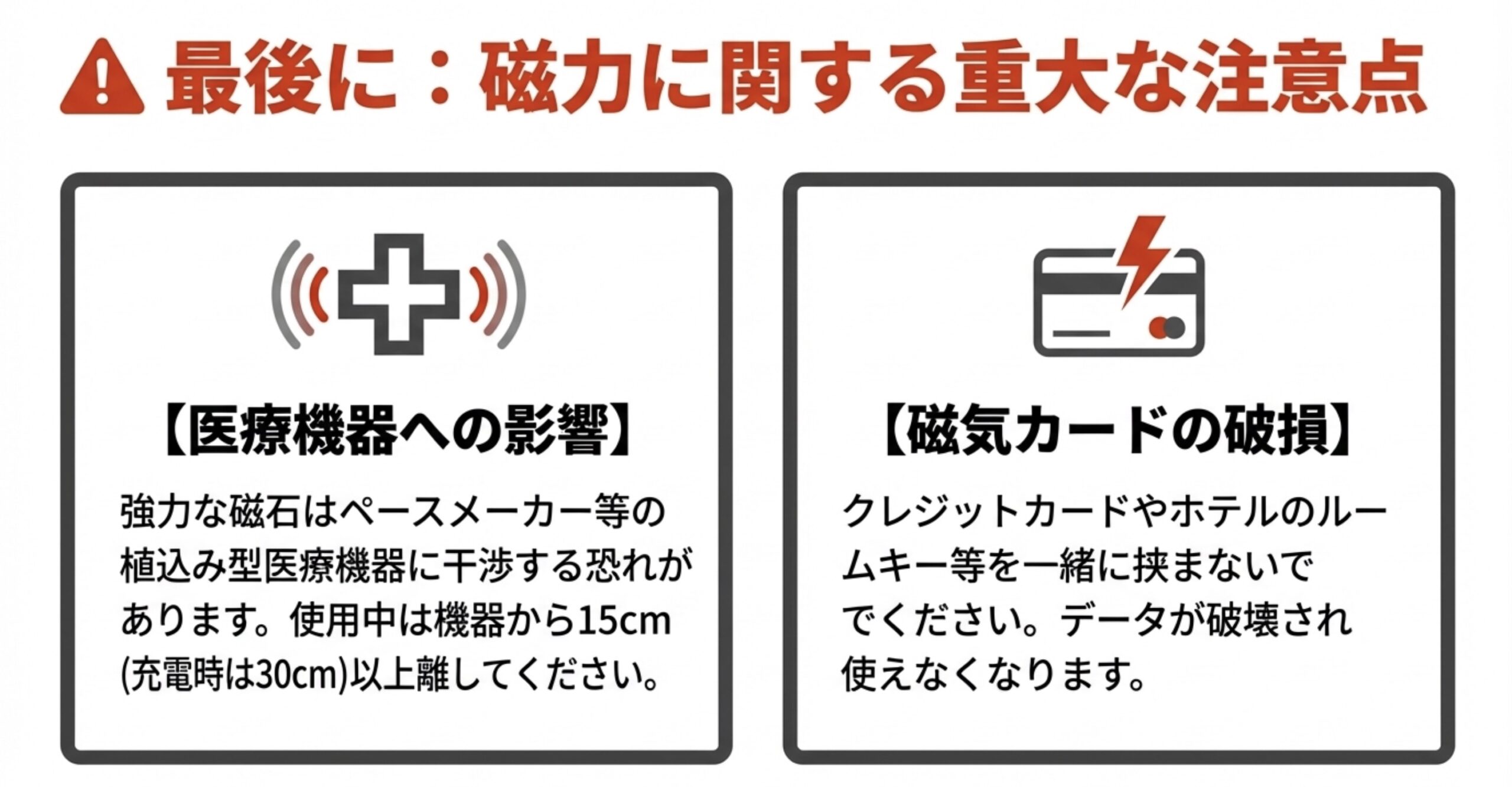 MagSafeの強力な磁石がペースメーカーなどの医療機器やクレジットカードに悪影響を及ぼす危険性を警告する画像です 。適切な距離の確保と、データ破壊を防ぐためカードを挟まないことを喚起しています 。