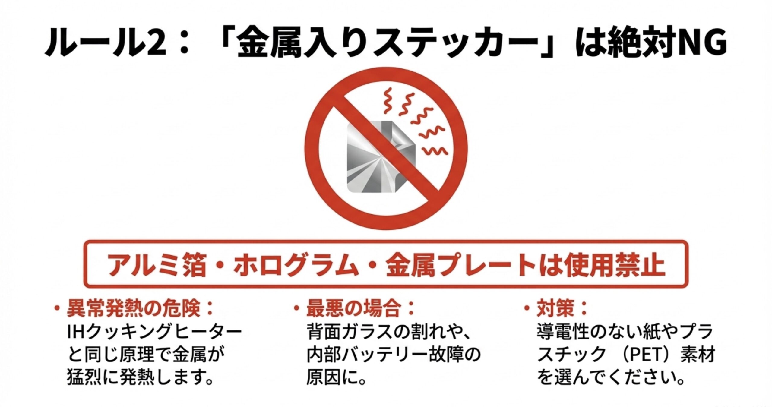 アルミ箔やホログラムなどの金属入りステッカーは異常発熱の危険があるため絶対NGであることを示す画像です 。IHと同じ原理で発熱し背面ガラスの割れやバッテリー故障の原因になるため、紙やPET素材の推奨を促しています 。