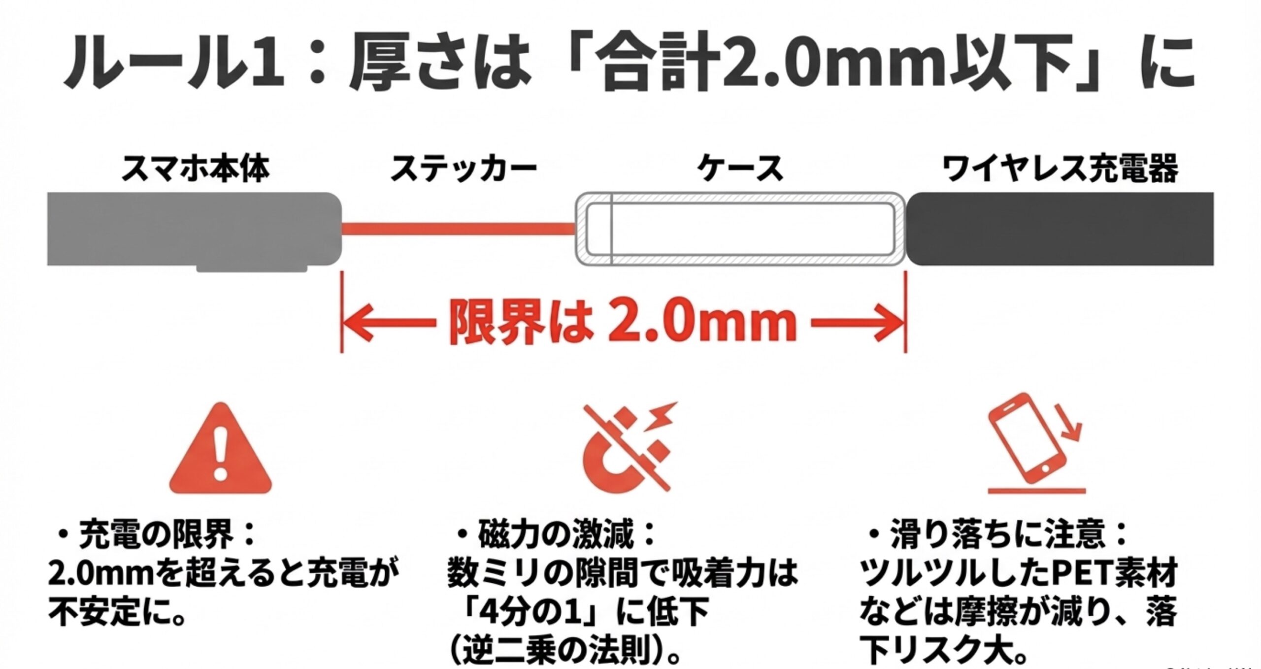 スマホ本体、ステッカー、ケースを合わせた厚さの限界が2.0mm以下であることを示す図解です 。2.0mmを超えると充電が不安定になり、磁力が4分の1に激減して滑り落ちるリスクが高まることを説明しています 。