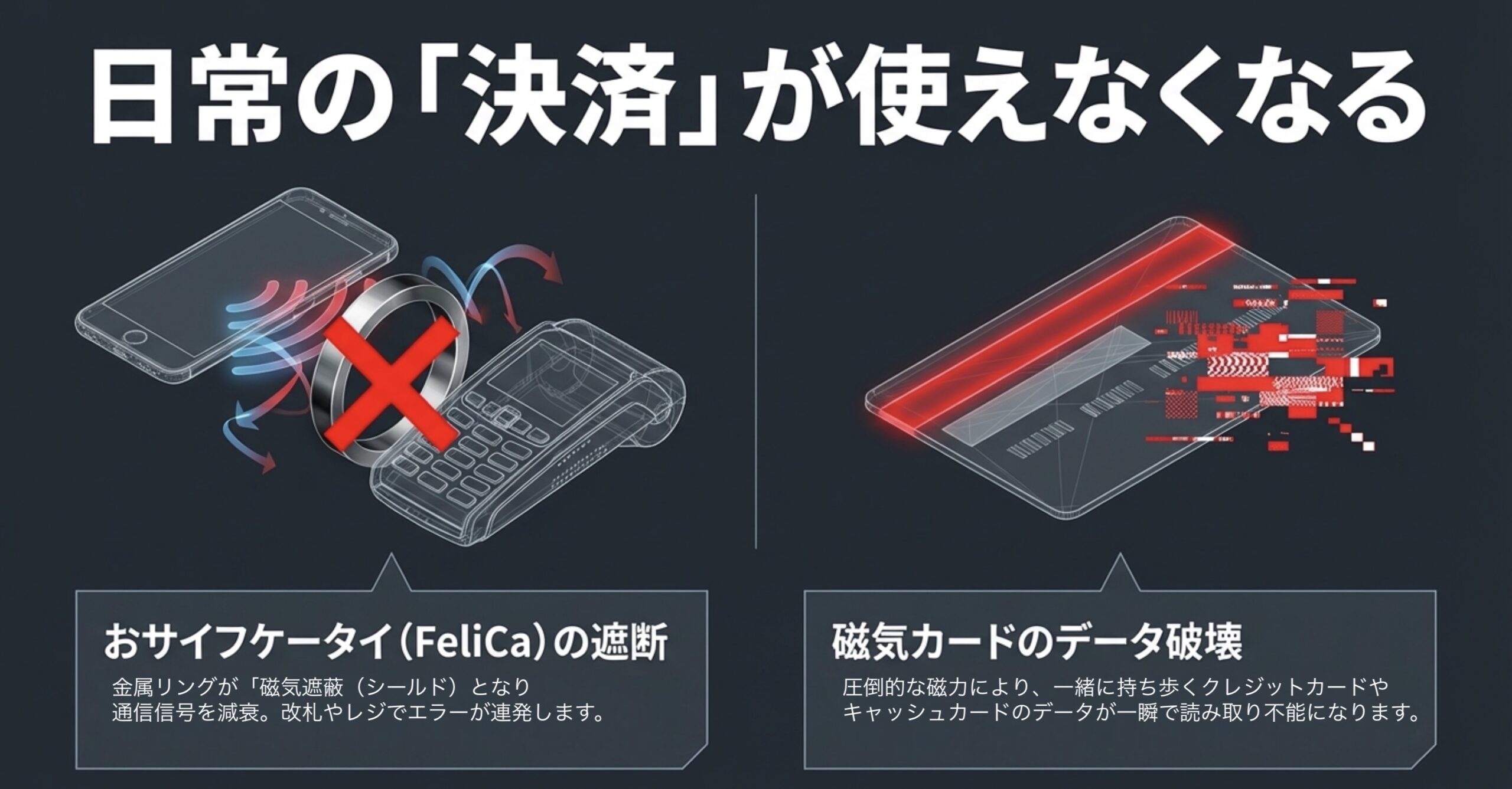 金属リングがFeliCaの通信信号を遮断して決済エラーを引き起こす様子と、磁力によってクレジットカードのデータが破壊される図解