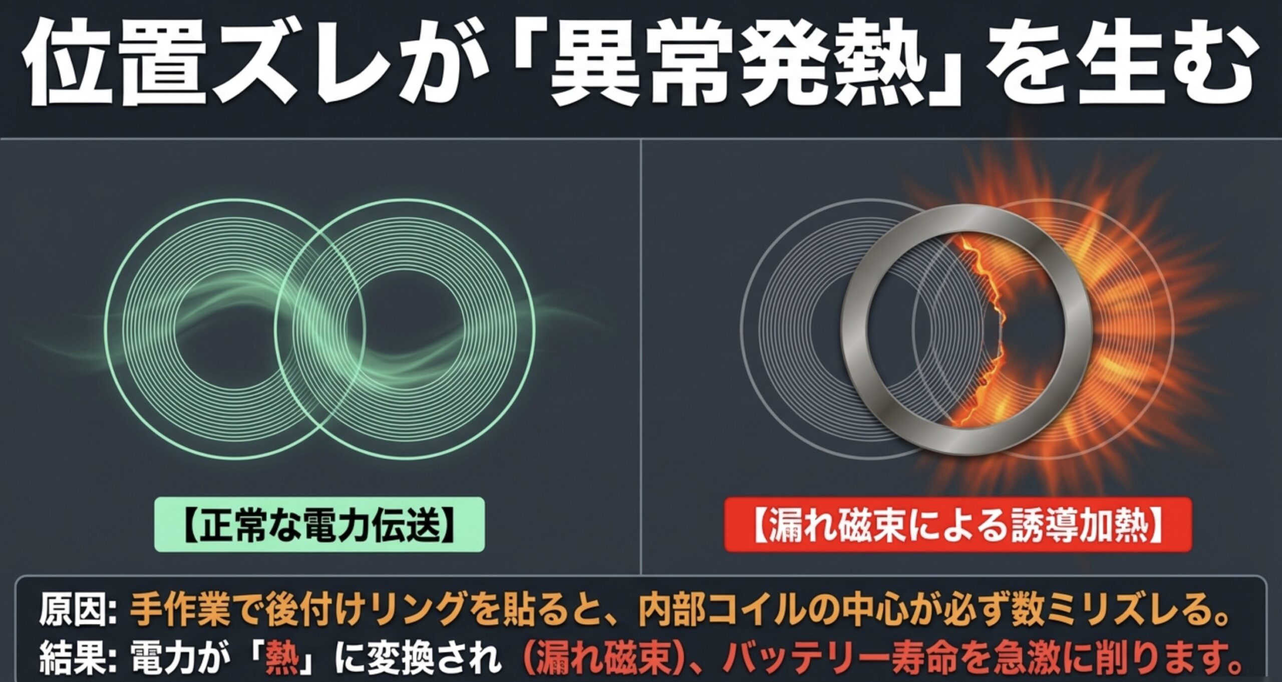 手作業による後付けリングの位置ズレが漏れ磁束を生み、電力が熱に変換されてバッテリー寿命を削る異常発熱のメカニズム図解