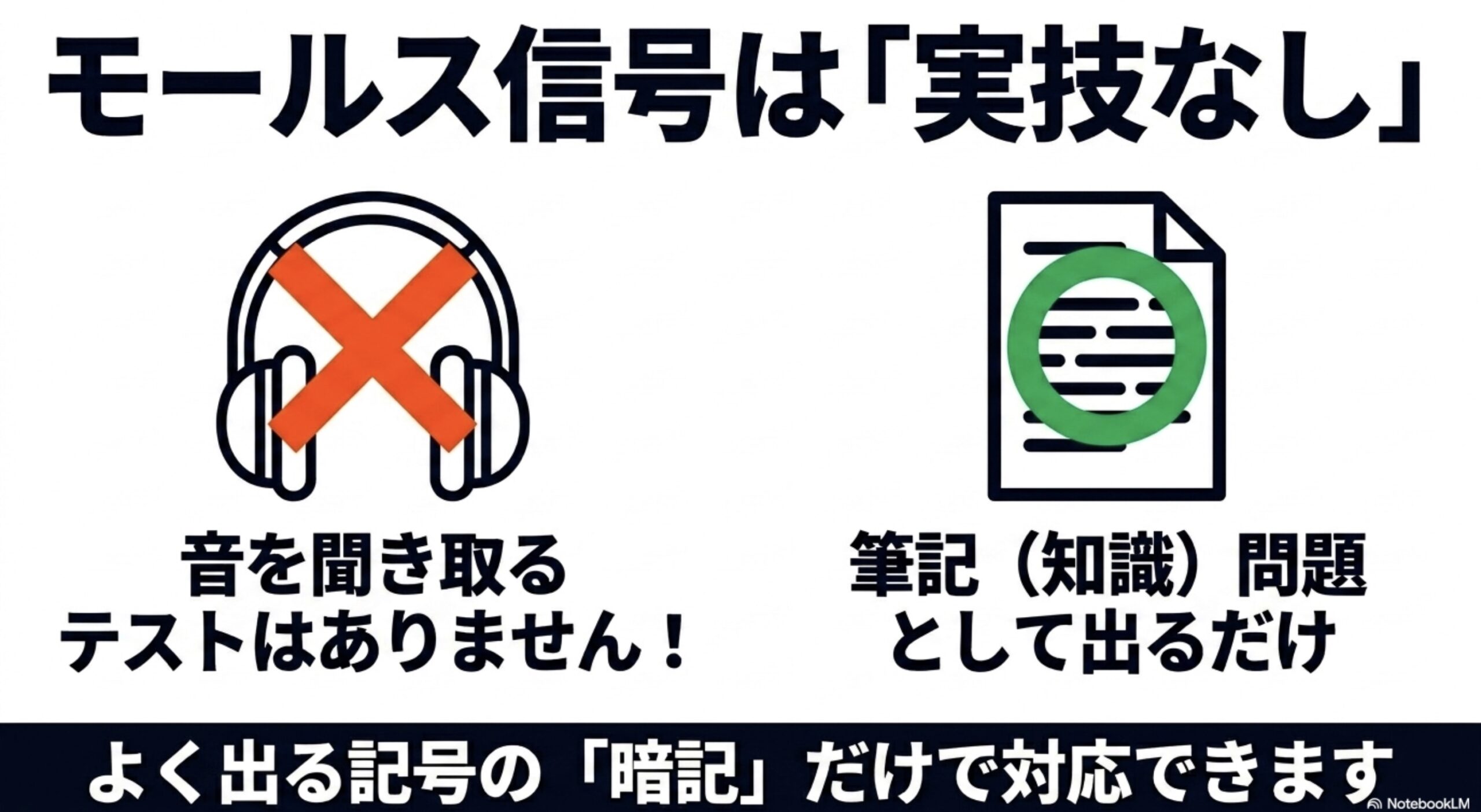 第3級アマチュア無線技士のモールス信号は音を聞き取る実技ではなく、筆記の知識問題として出ることを示すスライド