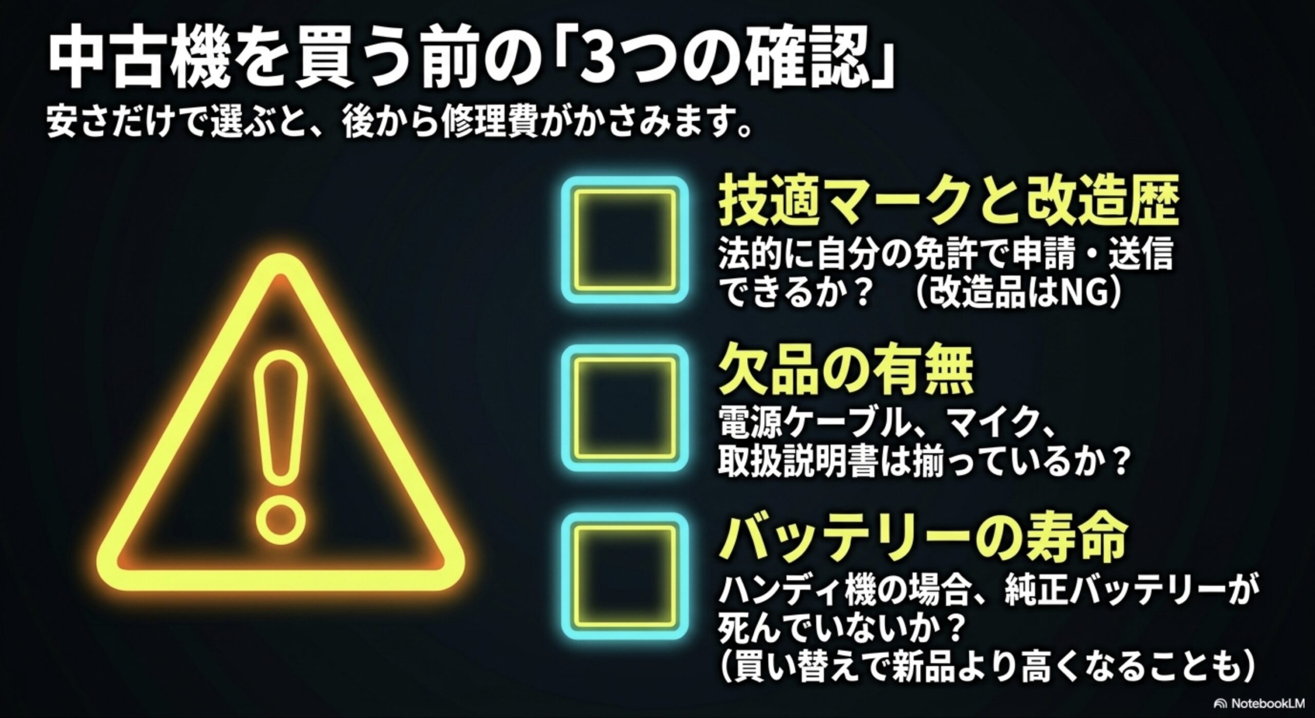 中古無線機を買う前に、技適マークと改造歴、欠品の有無、ハンディ機のバッテリー寿命を確認する重要性を示した図