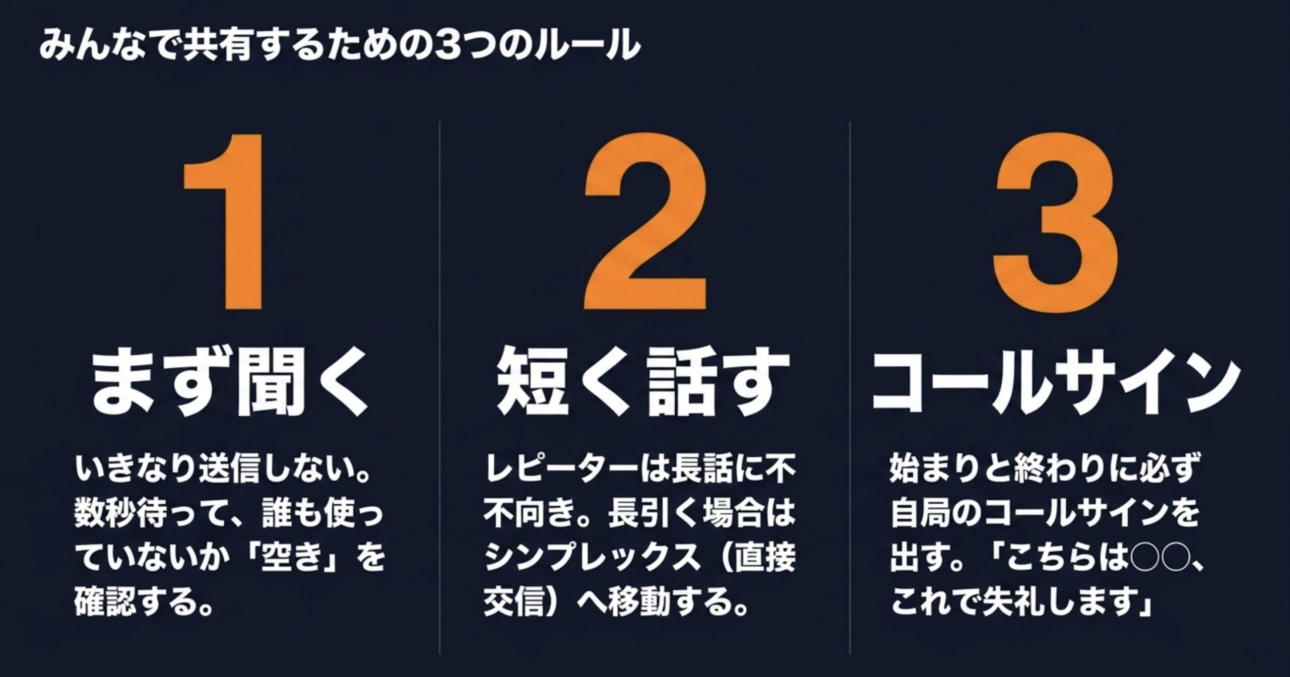 レピーター利用時にまず聞く、短く話す、コールサインを出すという3つのマナー