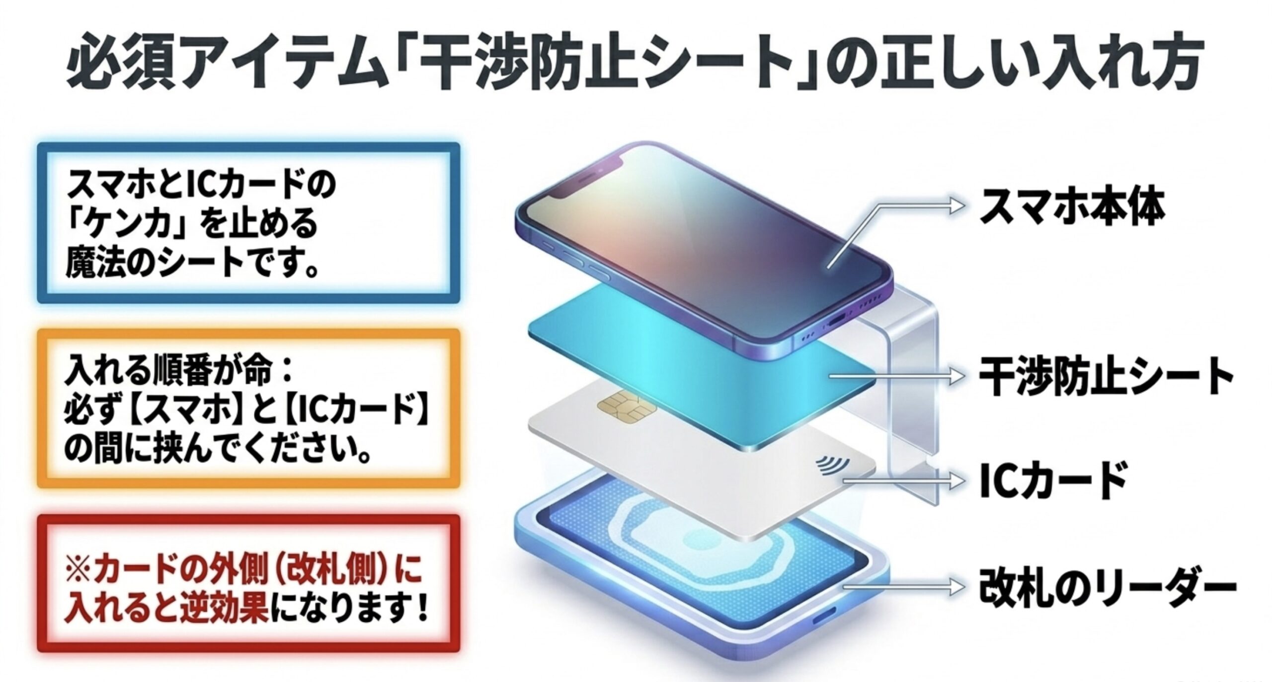 スマホ本体とICカードの間に干渉防止シートを挟む正しい順番を示した図