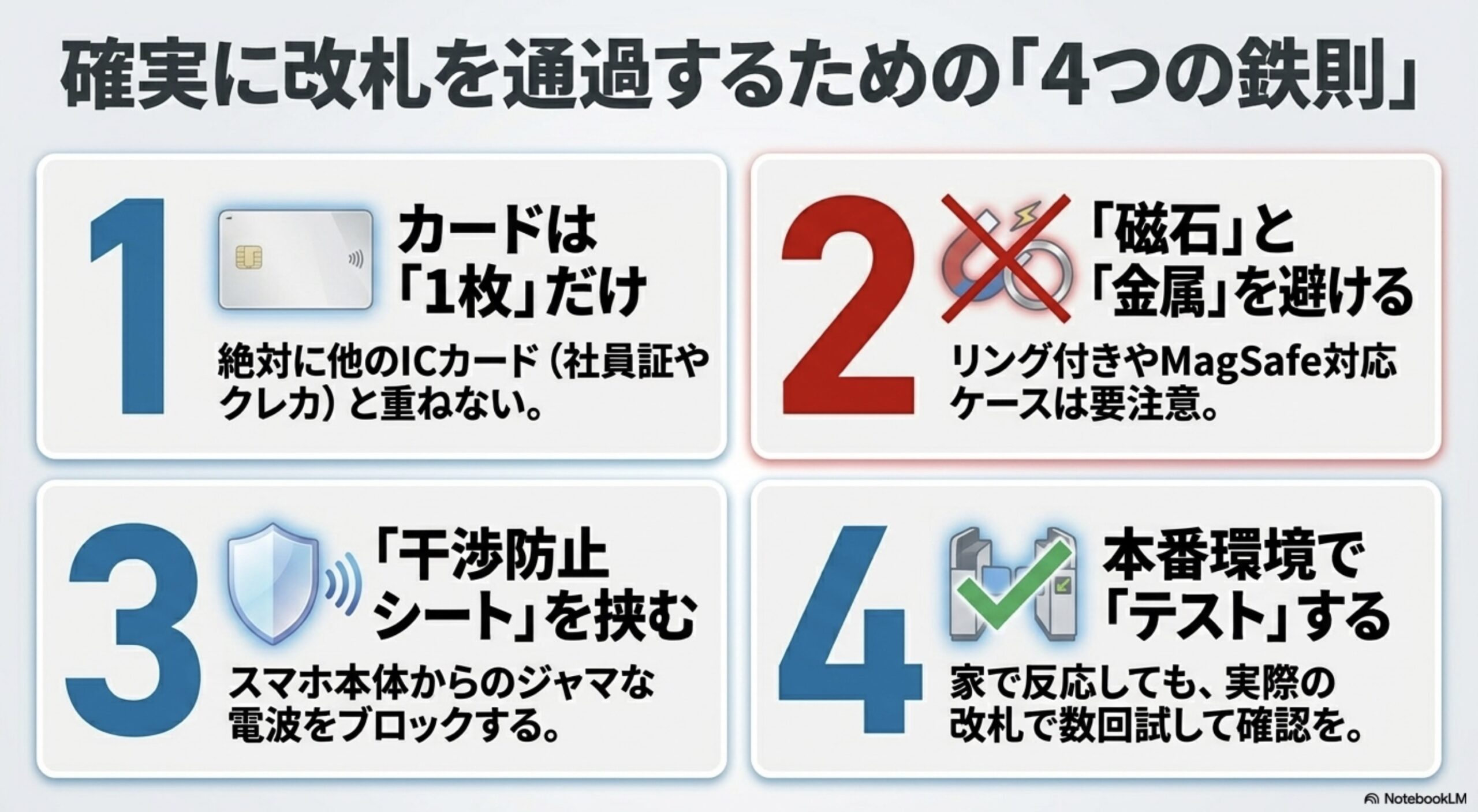 ICカード1枚、磁石と金属を避ける、干渉防止シートを挟む、本番環境でテストするという4つの鉄則