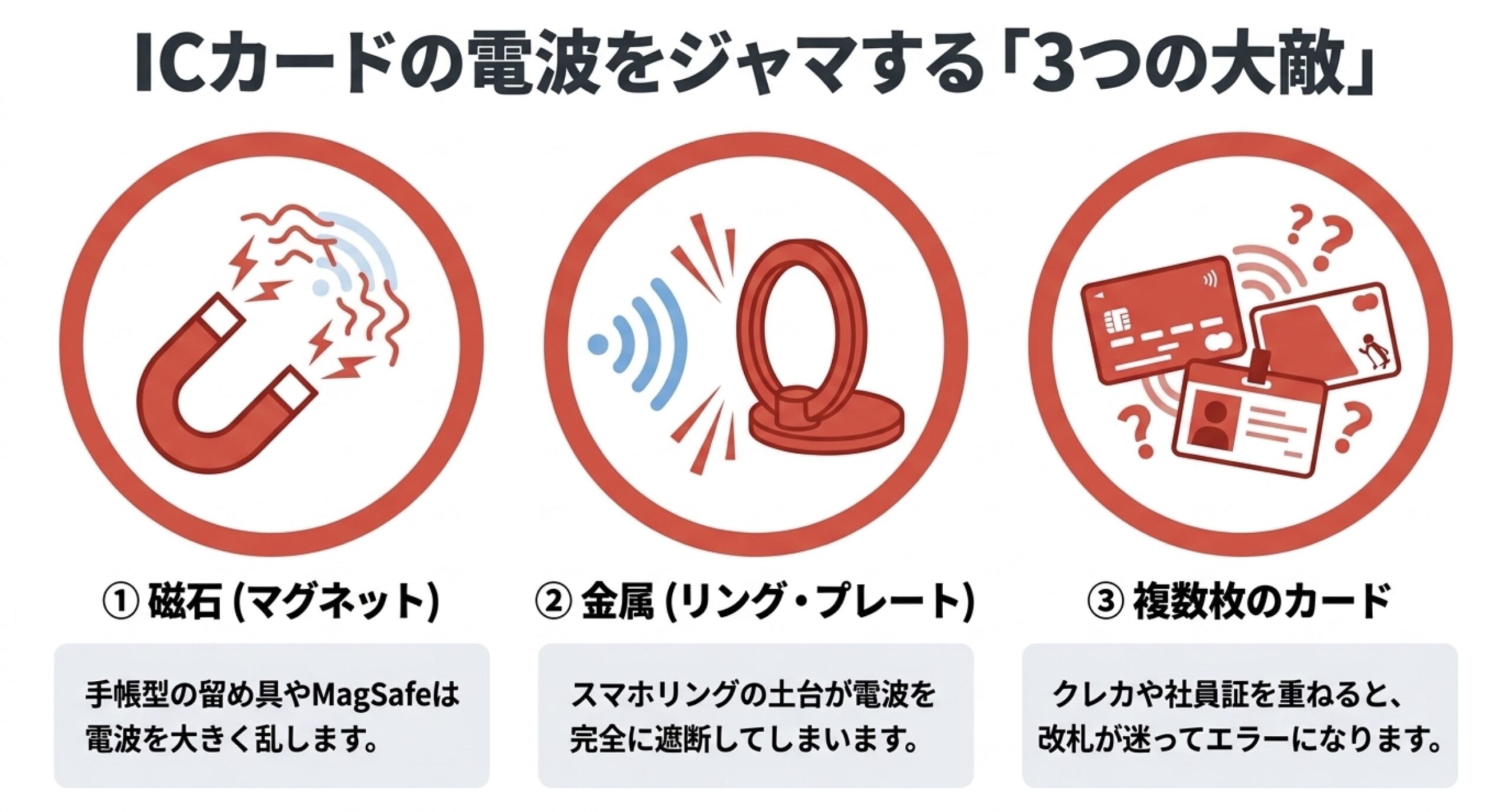 ICカードの読み取りを妨げる主な原因として磁石、金属、複数枚のカードを示した図