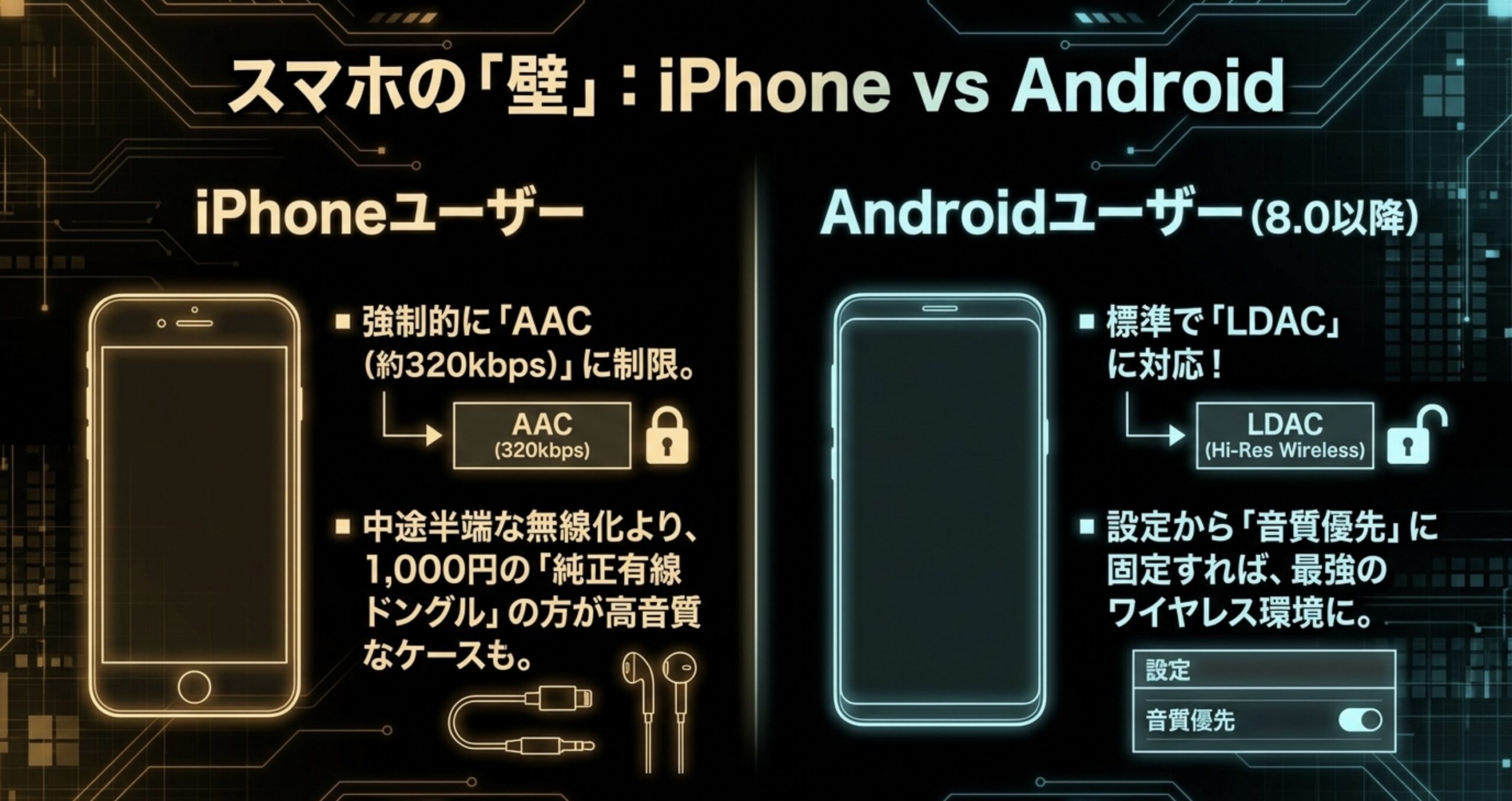 AAC制限のあるiPhoneと、標準でLDACに対応するAndroidのBluetooth仕様の違いと比較