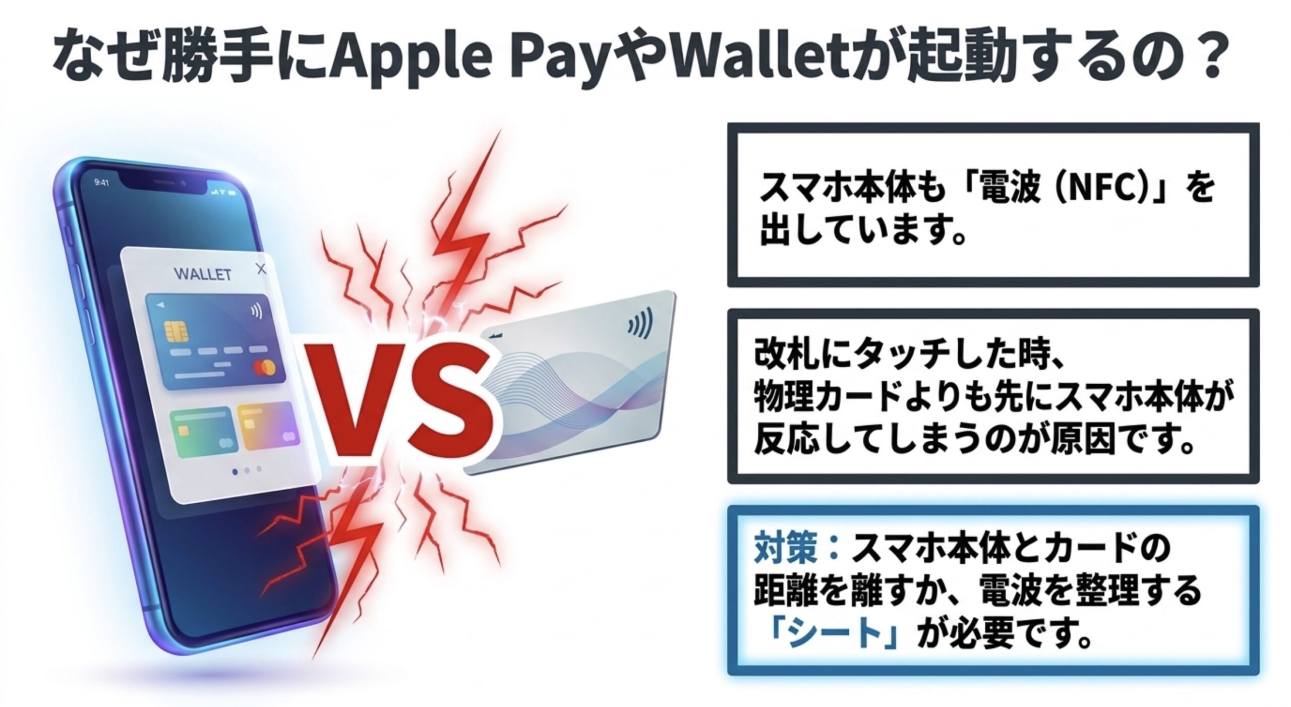 iPhoneのNFCと物理ICカードがリーダー付近で競合しWalletが起動する仕組みを示した図
