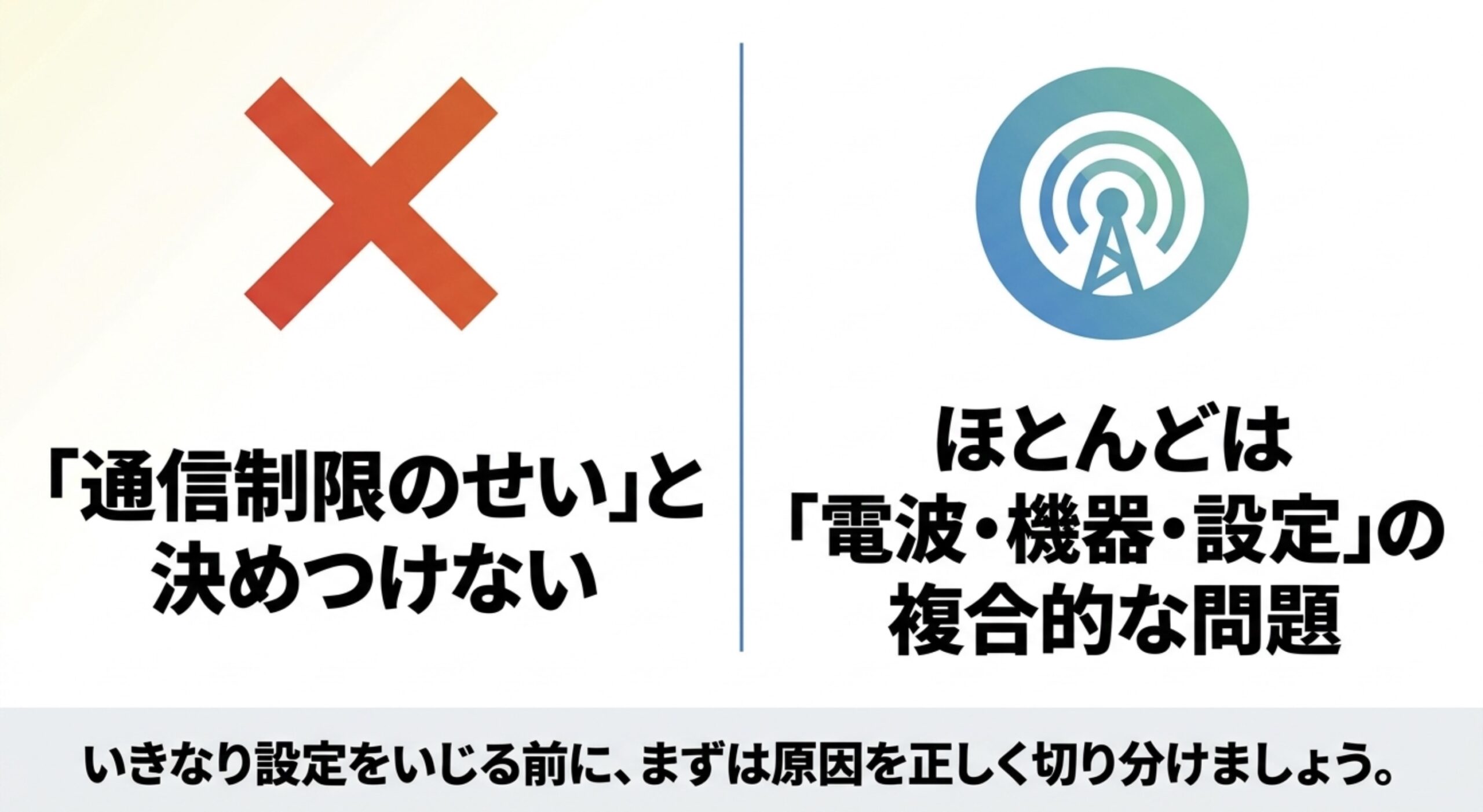 楽天モバイルのテザリングが遅い原因は通信制限だけでなく電波や機器や設定が関係することを示す図