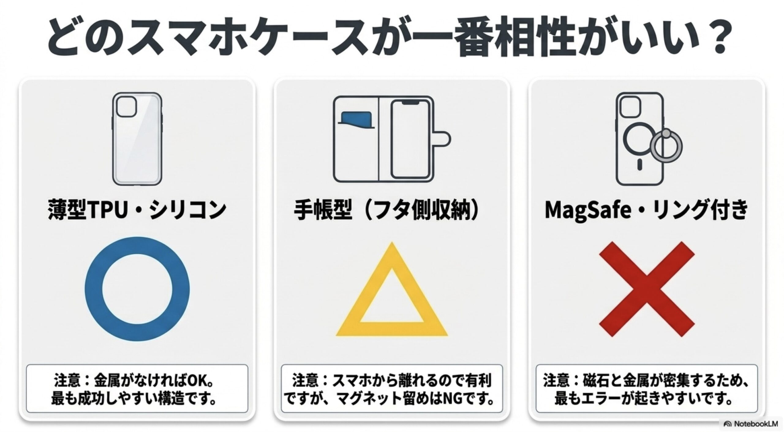 薄型TPUケース、手帳型ケース、MagSafeやリング付きケースのICカード相性を比較した図