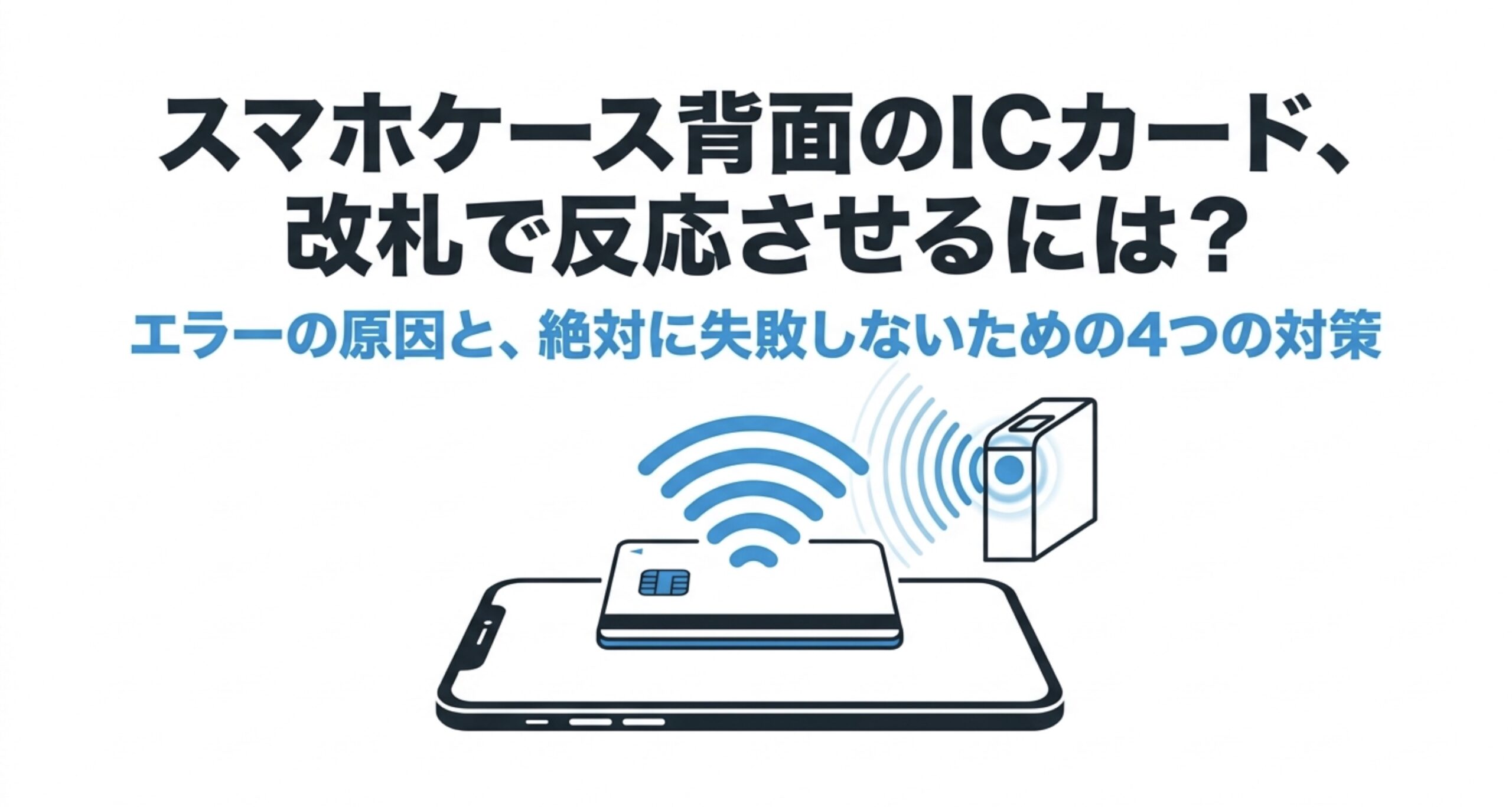 スマホケース背面に入れたICカードを改札で反応させるための原因と対策を示したスライド