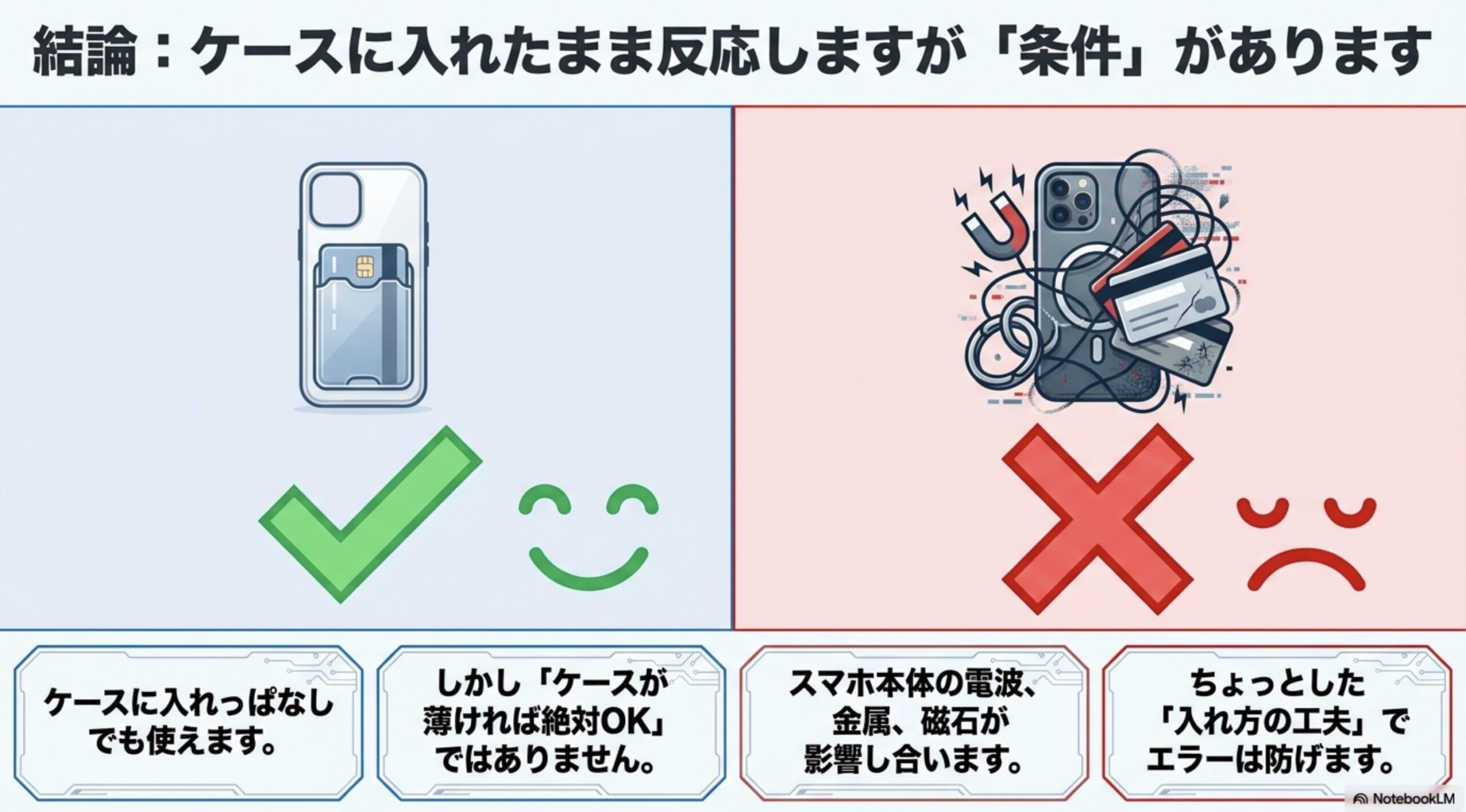 スマホケース背面のICカードはケースに入れたままでも反応するが条件があることを示した比較図