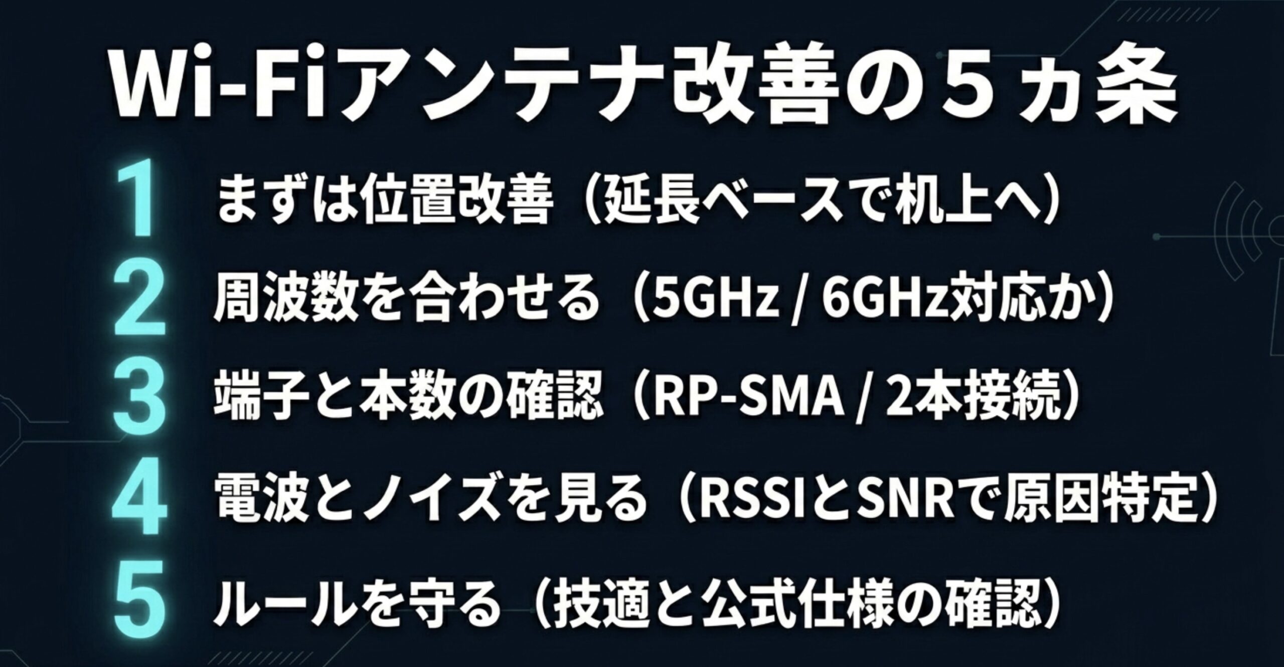 PCのWi-Fiアンテナ改善で確認すべき位置、周波数、端子、電波状態、技適をまとめた図