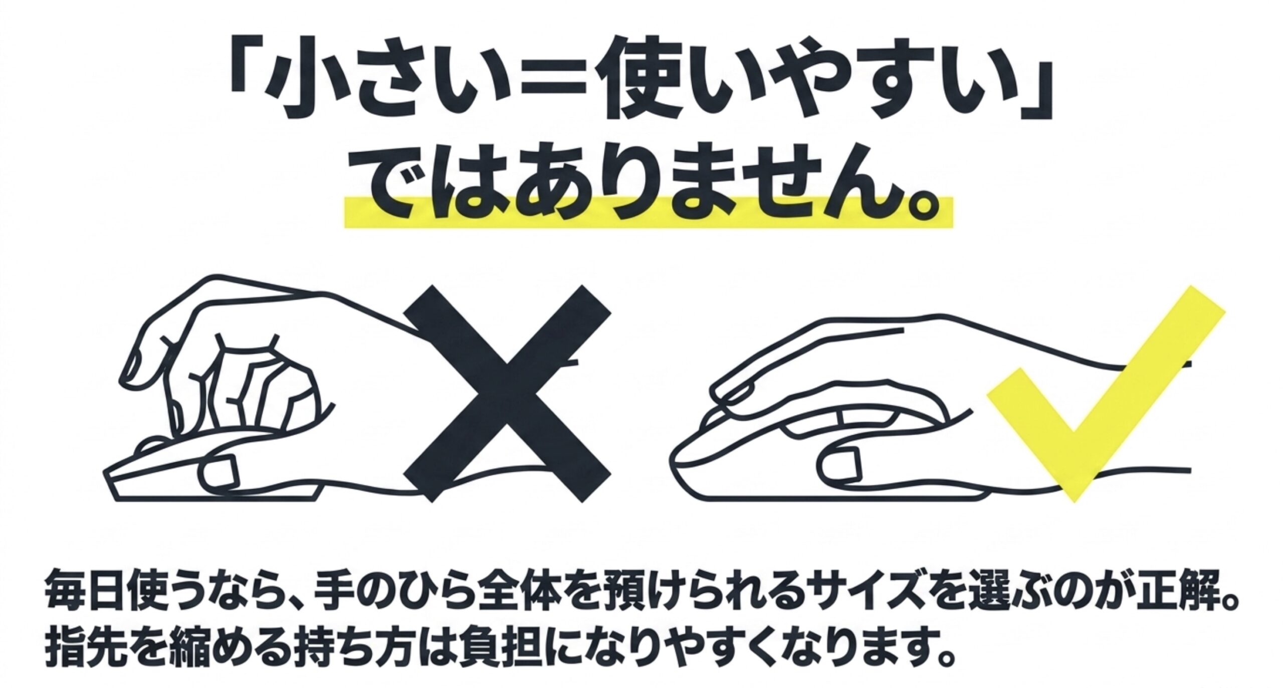 小型マウスが必ず使いやすいわけではなく、手のひらを自然に載せられるサイズを選ぶ重要性