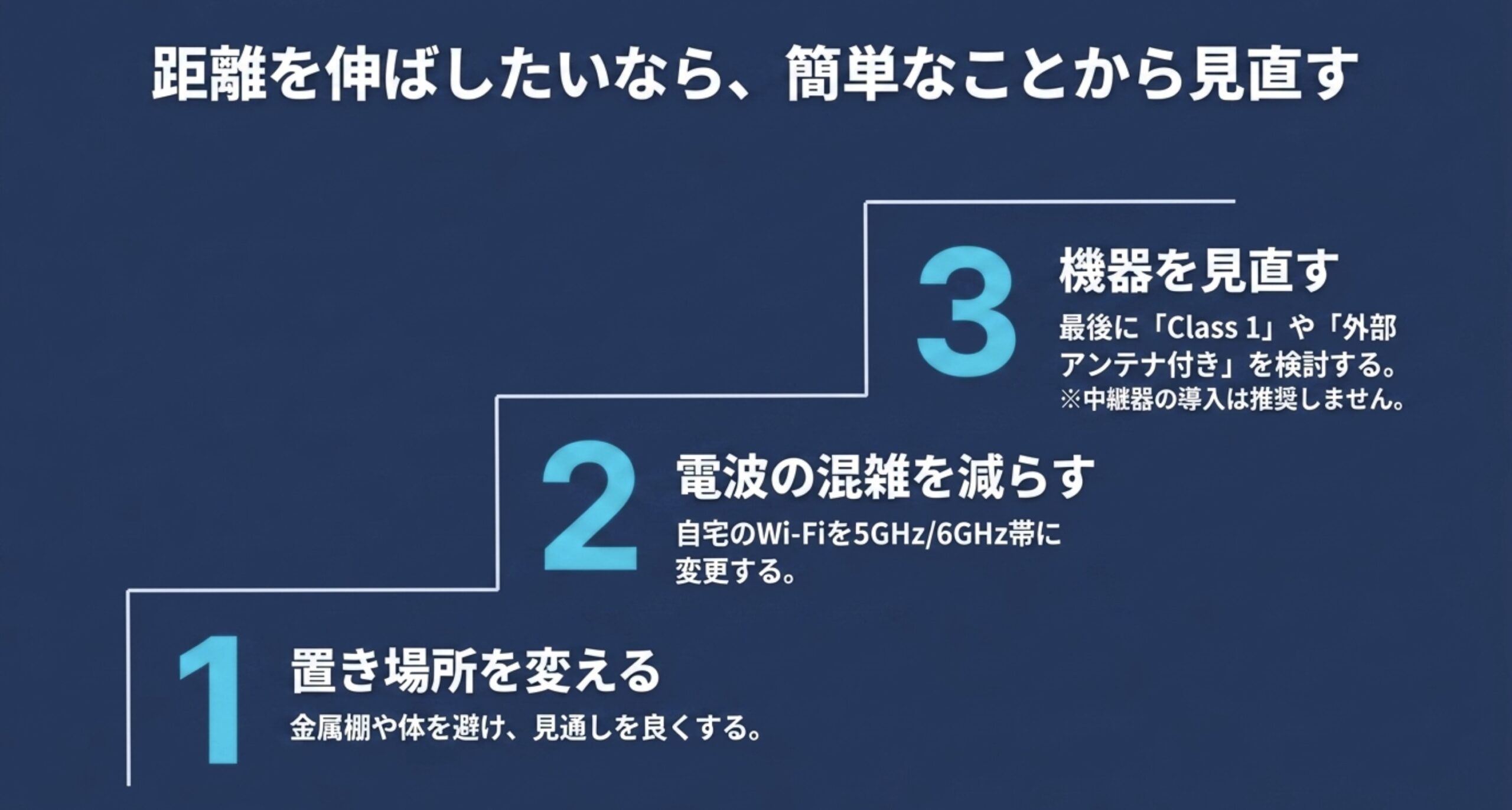 Bluetoothの距離を伸ばすために置き場所、電波混雑、機器を順番に見直す手順図
