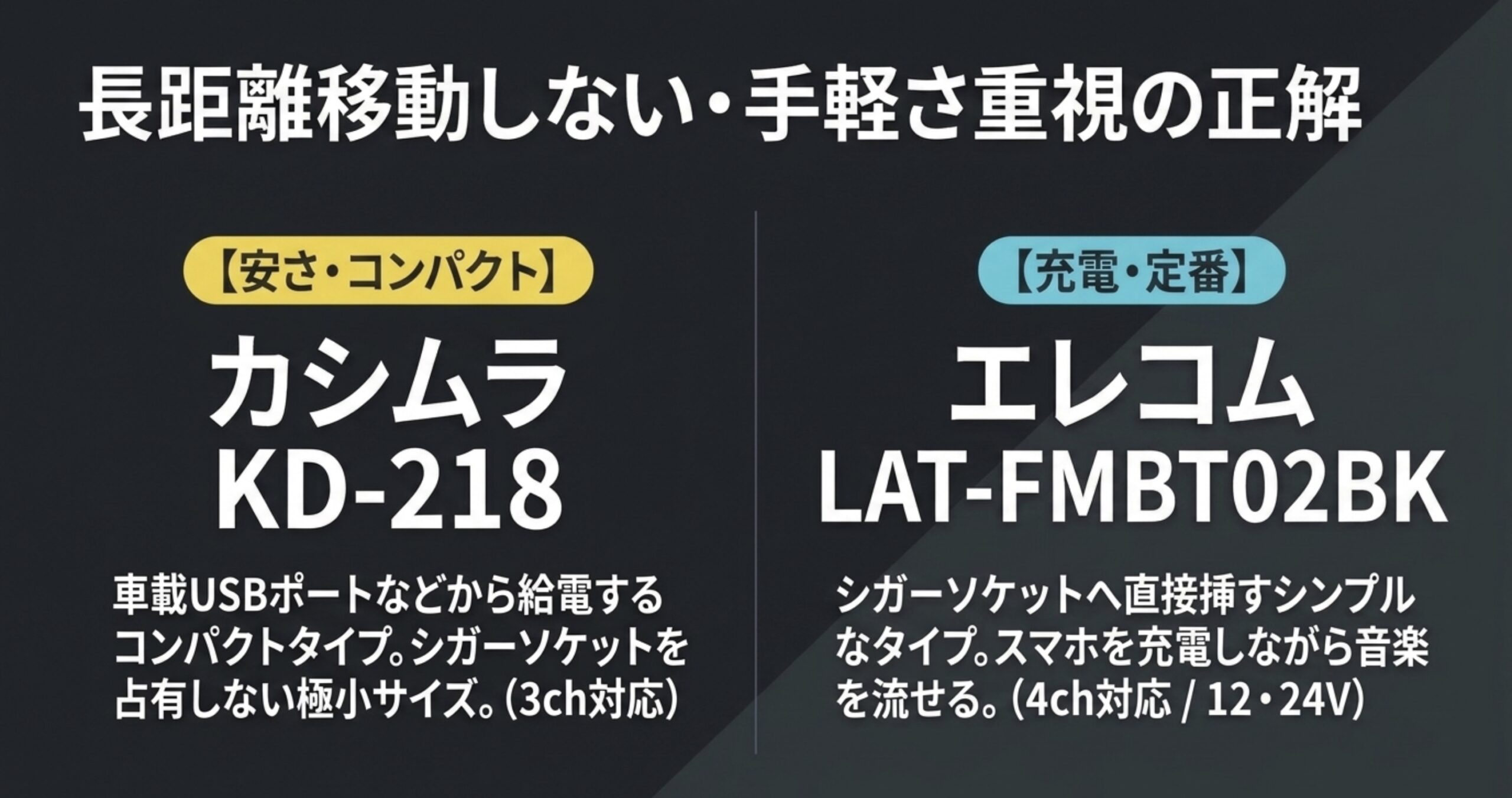 長距離移動しない人向けにカシムラ KD-218とエレコム LAT-FMBT02BKの特徴を比較したスライド