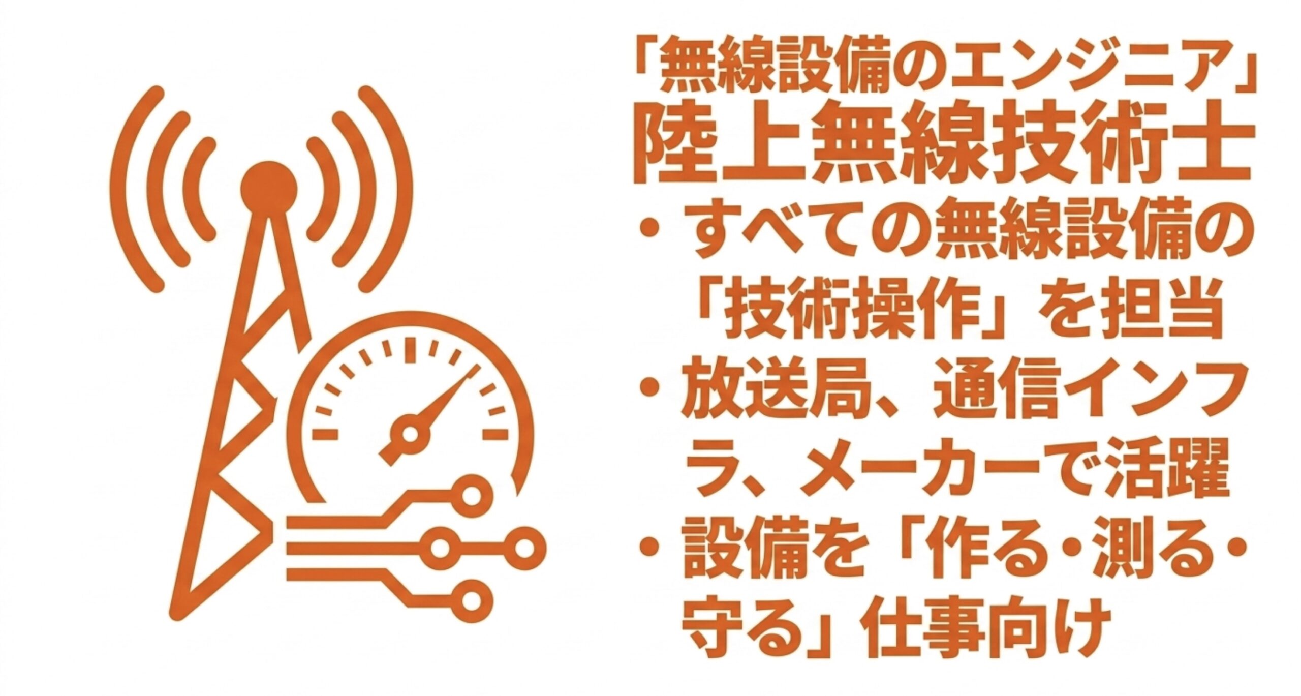 陸上無線技術士は無線設備の技術操作を担当し、放送局・通信インフラ・メーカーなどで活かせることを示した図