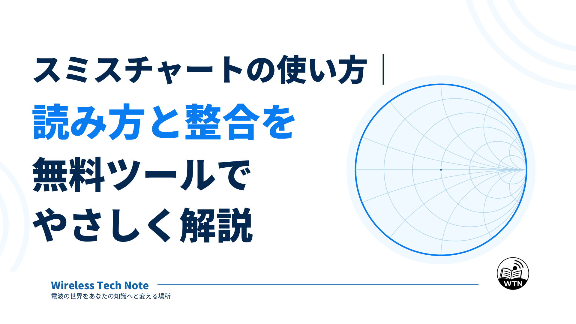 「スミスチャートの使い方｜読み方と整合を無料ツールでやさしく解説」のタイトルと、簡略化したスミスチャートを配置したアイキャッチ画像。
